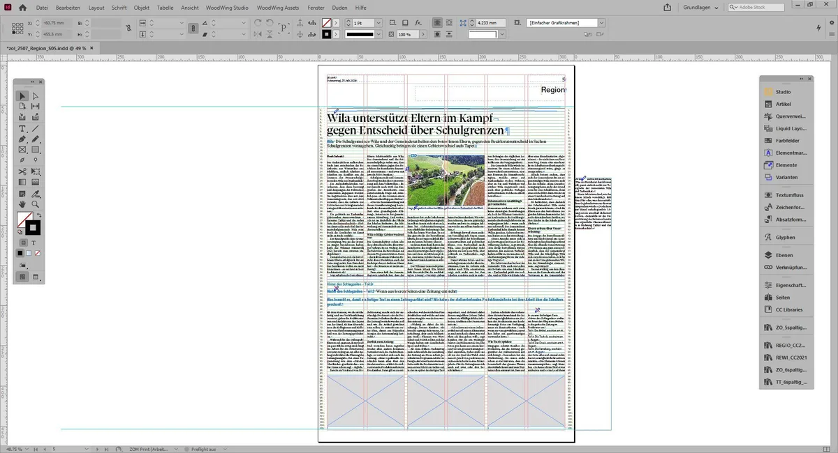 Man sieht eine InDesign-Seite, die sich in eine Zeitungsseite verwandelt.